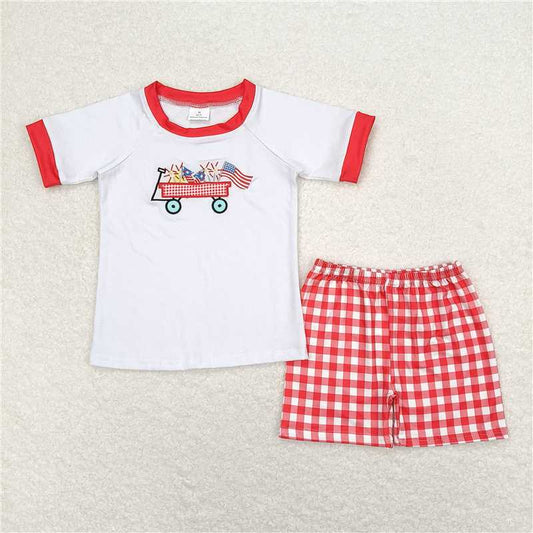 BSSO0618 Embroidery Baby Boys 4th Of July Flag Tractor Red Checkered Shorts Clothes Sets