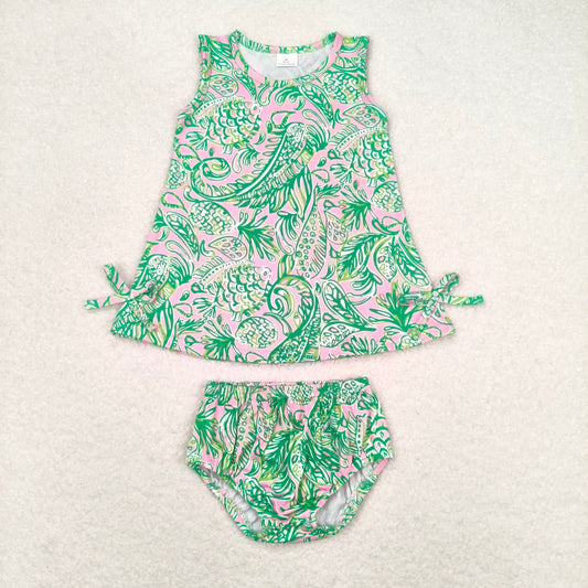 GBO0343  Baby Girls Green Fishes Tunic Top Bummies Clothes Sets