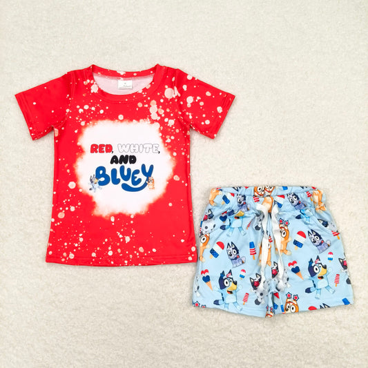 BSSO0516 Baby Boys 4th Of July Red Dog Shirts Shorts Clothes Sets