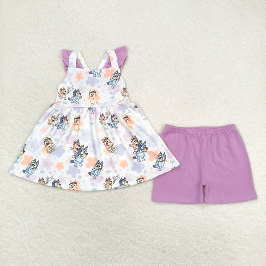 GSSO0998 bluey floral purple flying sleeve shorts suit