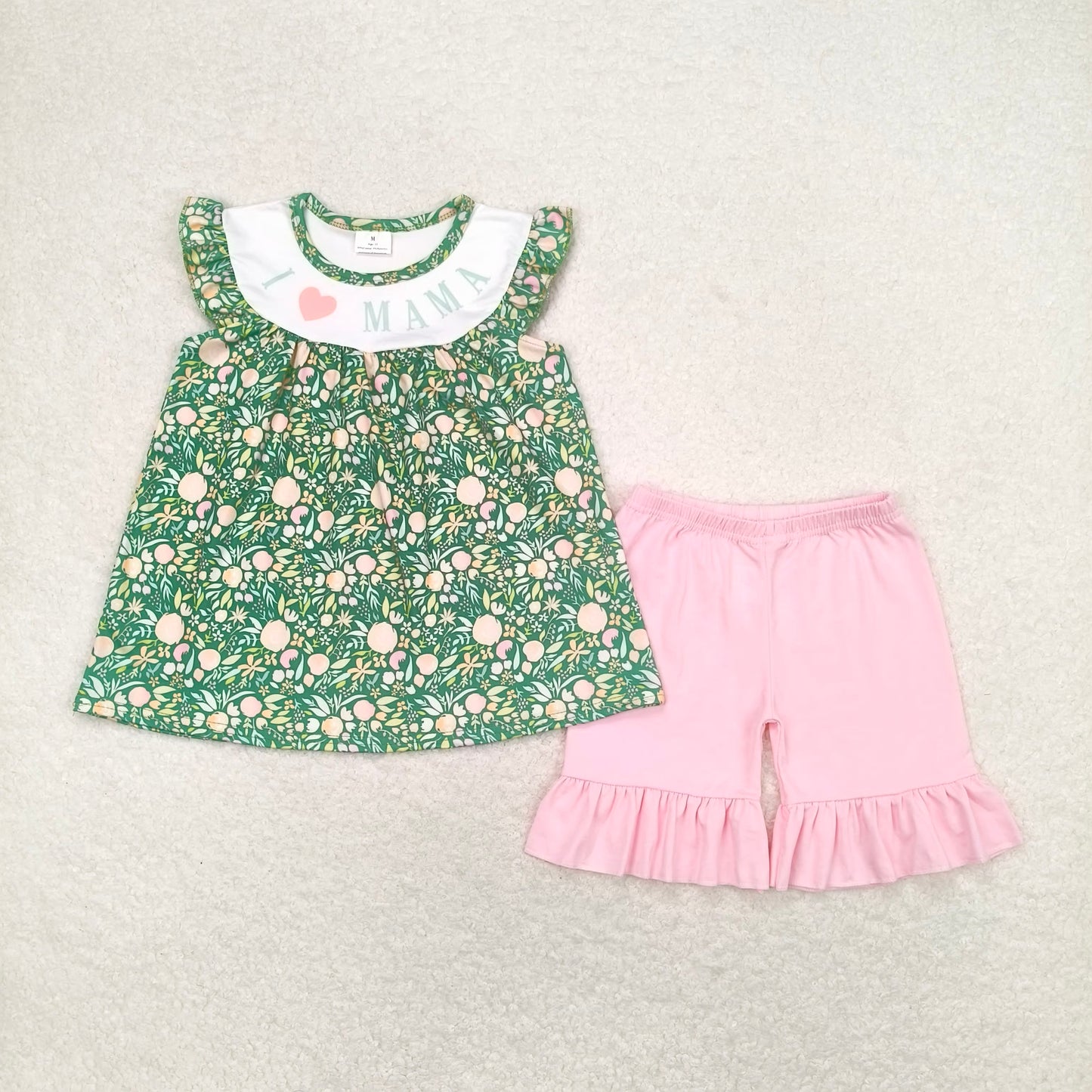 GSSO0913 I love mama letter flower green short sleeve pink shorts suit