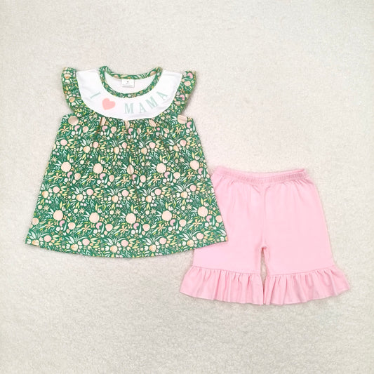 GSSO0913 I love mama letter flower green short sleeve pink shorts suit