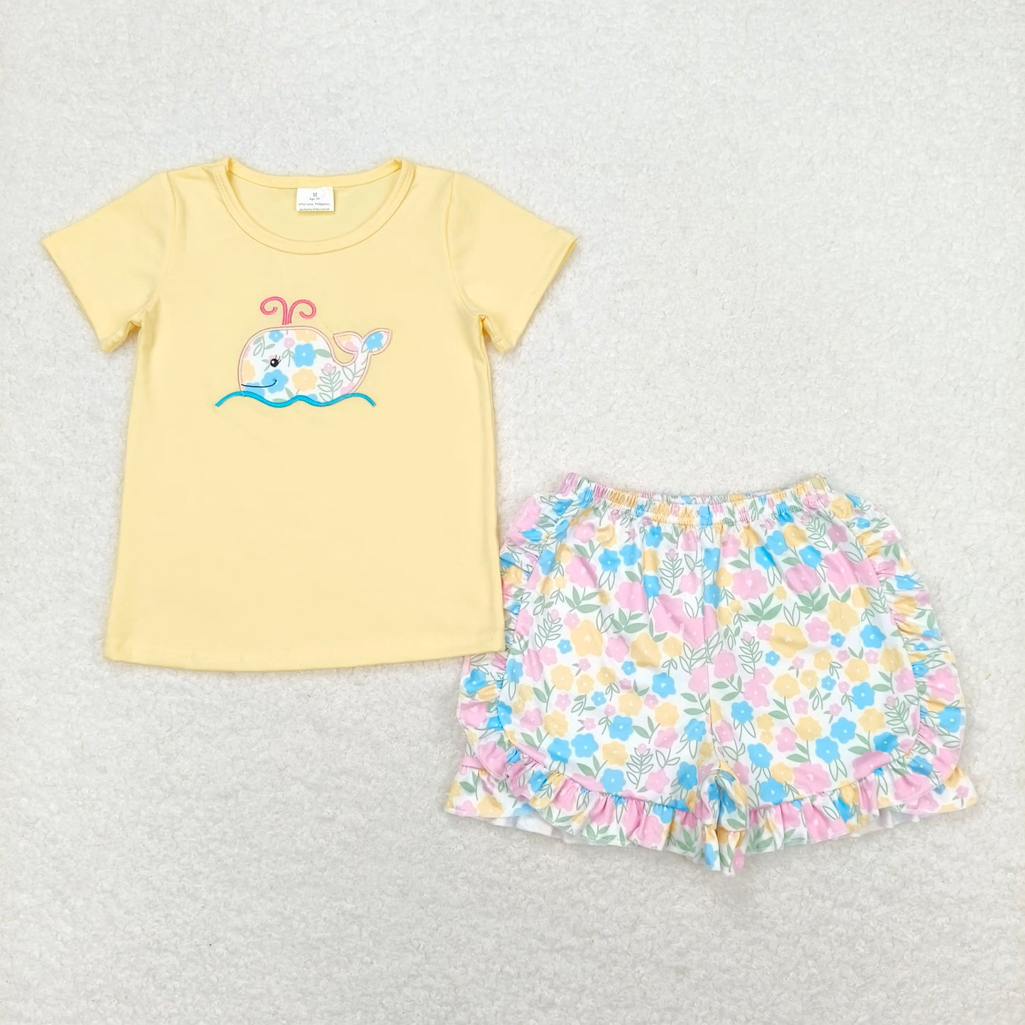 GSSO0765RTS NO MOQ Baby Girls Summer Outfits  Embroidered flower whale yellow short-sleeved shorts set