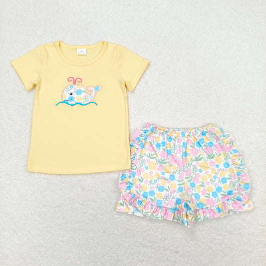 GSSO0765RTS NO MOQ Baby Girls Summer Outfits  Embroidered flower whale yellow short-sleeved shorts set