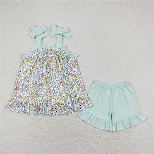 GSSO1018 Flower light blue lace suspender shorts set