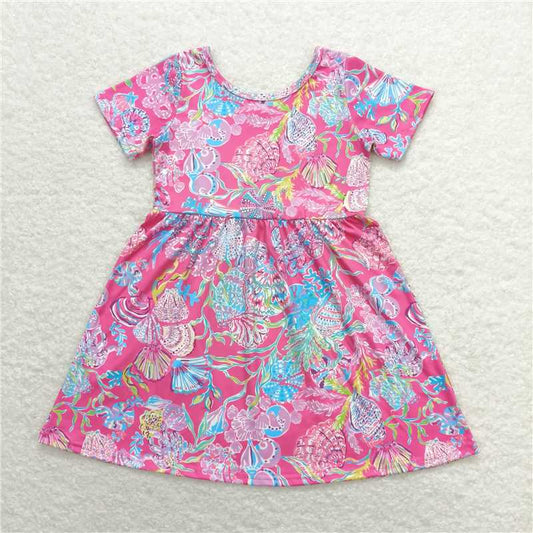 GSD1115  Short sleeves hot pink watercolor shell girls summer dress
