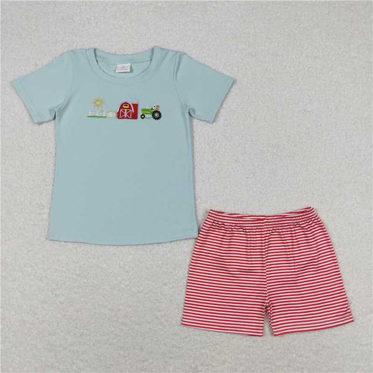 BSSO0702 Baby Boys Farm House Shirt Tops Red Stripes Shorts Clothes Sets
