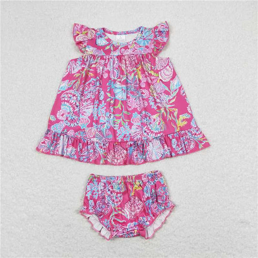 GBO0344  RTS NO MOQ Baby Girls Summer Outfits Baby Girls Pink Shells Tunic Top Bummies Clothes Sets