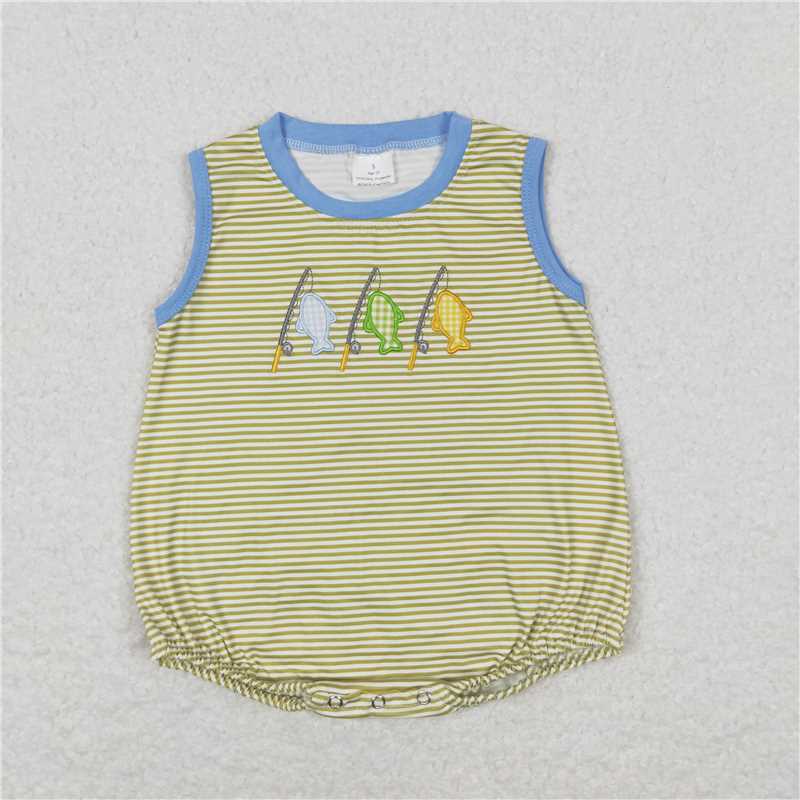 SR1281 RTS NO MOQ Baby Boys Summer Rompers Baby Boys Stripes Fishing Sibling Embroidery Summer Rompers Clothes Sets