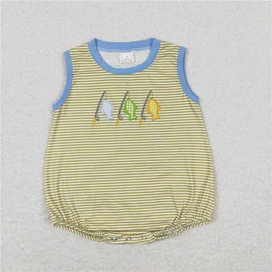 SR1281 RTS NO MOQ Baby Boys Summer Rompers Baby Boys Stripes Fishing Sibling Embroidery Summer Rompers Clothes Sets