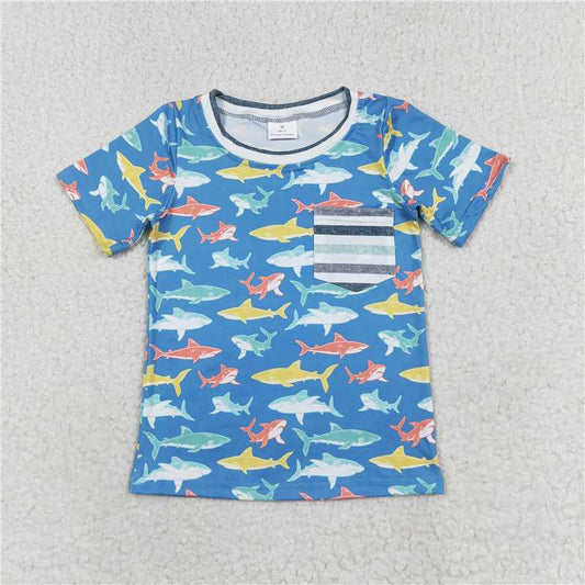 BT0667 Baby Boys Sharks Pocket Short Sleeve Tee Shirts Tops