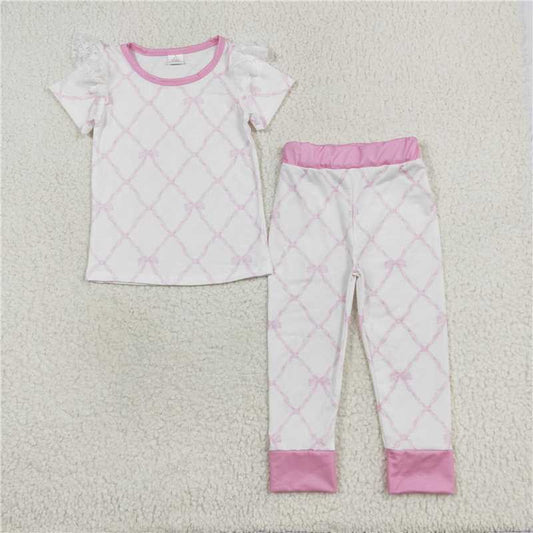 GSPO1517 Modal short-sleeved and long-pants suit with bow pattern in pink and white