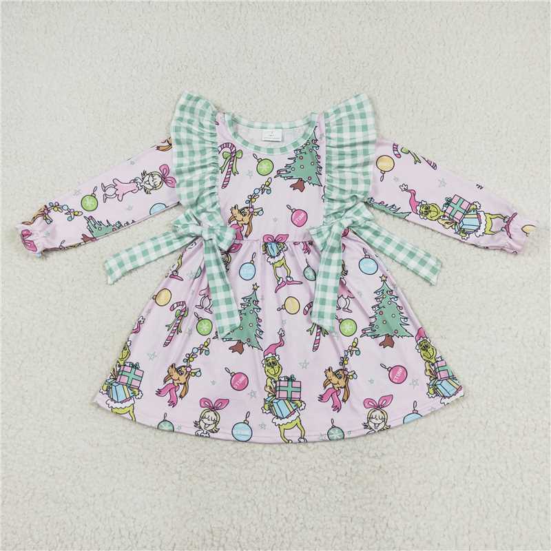 11.22 RTS NO MOQ （In stock）GLD0519 Baby Girls Christmas Pink Frog Bows Knee Length Dresses