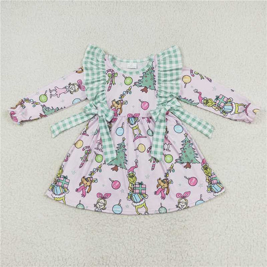 11.22 RTS NO MOQ （In stock）GLD0519 Baby Girls Christmas Pink Frog Bows Knee Length Dresses
