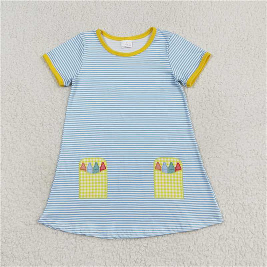 GSD1311  Baby Girls Blue Stripes Back To School Pencil Knee Length Dresses