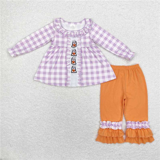 GLP1434Purple plaid ghost pumpkin tunic pants girls Halloween clothes