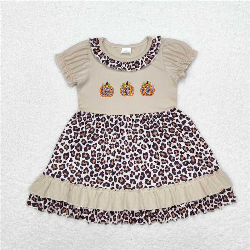 GSD1347  Baby Girls Pumpkin Leopard Ruffle Knee Length Dresses