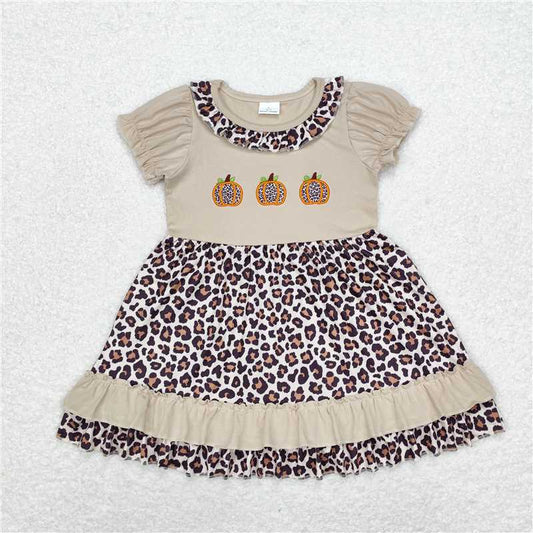 GSD1347  Baby Girls Pumpkin Leopard Ruffle Knee Length Dresses