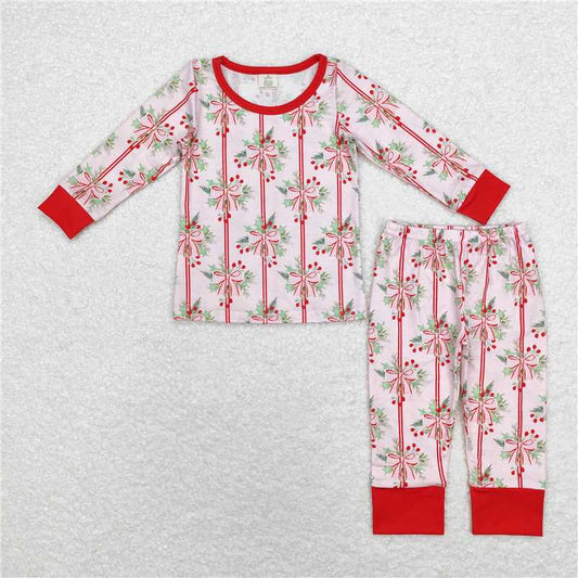 GLP1476Red long sleeves pink bow girls bamboo Christmas pajamas