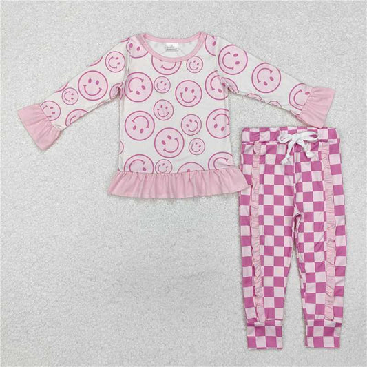 GLP1722Pink smile top plaid ruffle plaid pants girls clothes