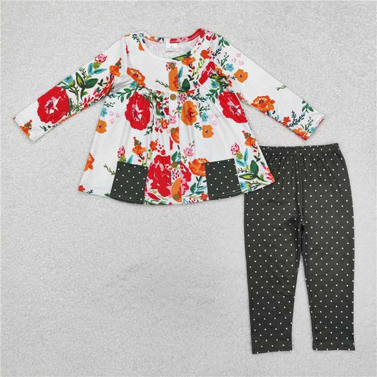 GLP1851Floral button ruffle tunic olive polka dots leggings girls clothes