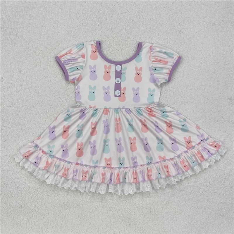 GSD0583  Baby Girls Toddler Easter Bunny Short Sleeve Lavender Knee Length Dresses