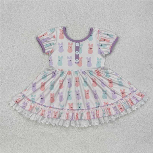 GSD0583  Baby Girls Toddler Easter Bunny Short Sleeve Lavender Knee Length Dresses