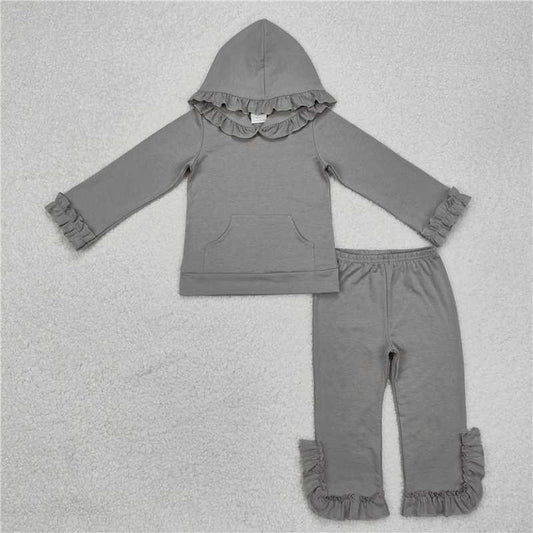 10.30 RTS NO MOQ （In stock）Matching GLP2272 Baby Girls Grey Hooded Tops Flare Pants Clothes Sets