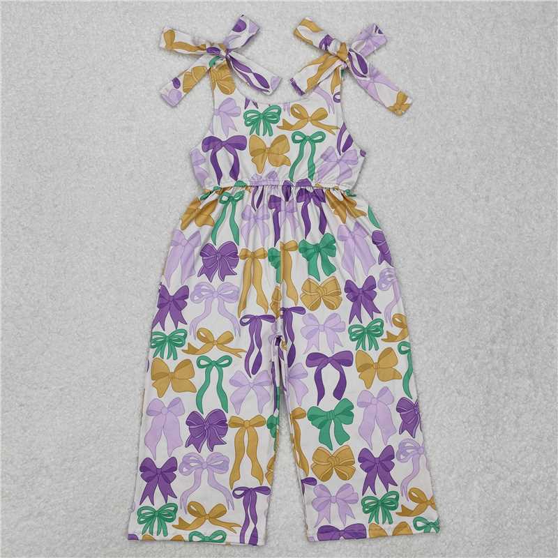 11.1 RTS NO MOQ （In stock）Matching Mardi Gras SR2522 Baby Girls Mardi Gras Cute Bows Straps Pants Jumpsuits