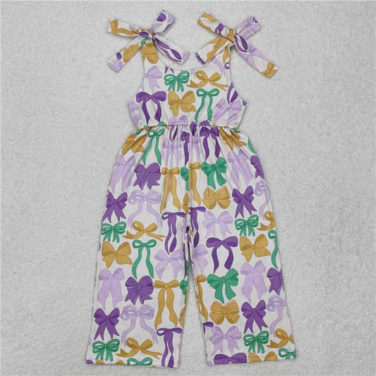11.1 RTS NO MOQ （In stock）Matching Mardi Gras SR2522 Baby Girls Mardi Gras Cute Bows Straps Pants Jumpsuits