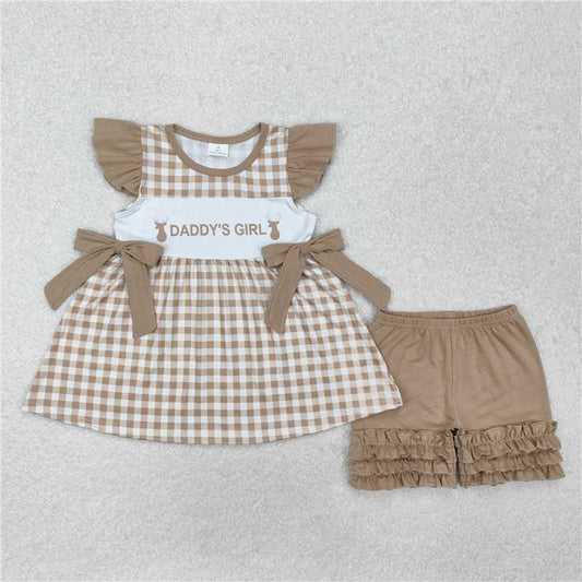 12.30 RTS NO MOQ （In stock）Matching GSSO1644 Baby Girls Daddy's Girl Deers Checkered Tunic Ruffle Shorts Clothes Sets