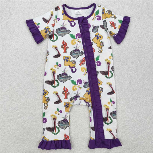 12.18 RTS NO MOQ （In stock）SR2422 Baby Infant Girls Mardi Gras Bird Crawfish Ruffle Zip Rompers