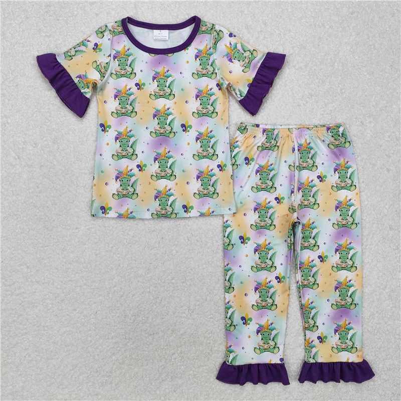 12.17 RTS NO MOQ （In stock）GSPO1766 Baby Girls Mardi Gras Crocodile Shirt Pants Pajamas Clothes Sets