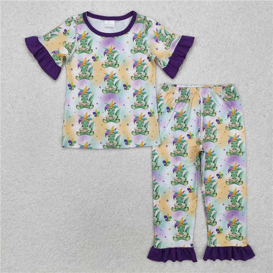 12.17 RTS NO MOQ （In stock）GSPO1766 Baby Girls Mardi Gras Crocodile Shirt Pants Pajamas Clothes Sets