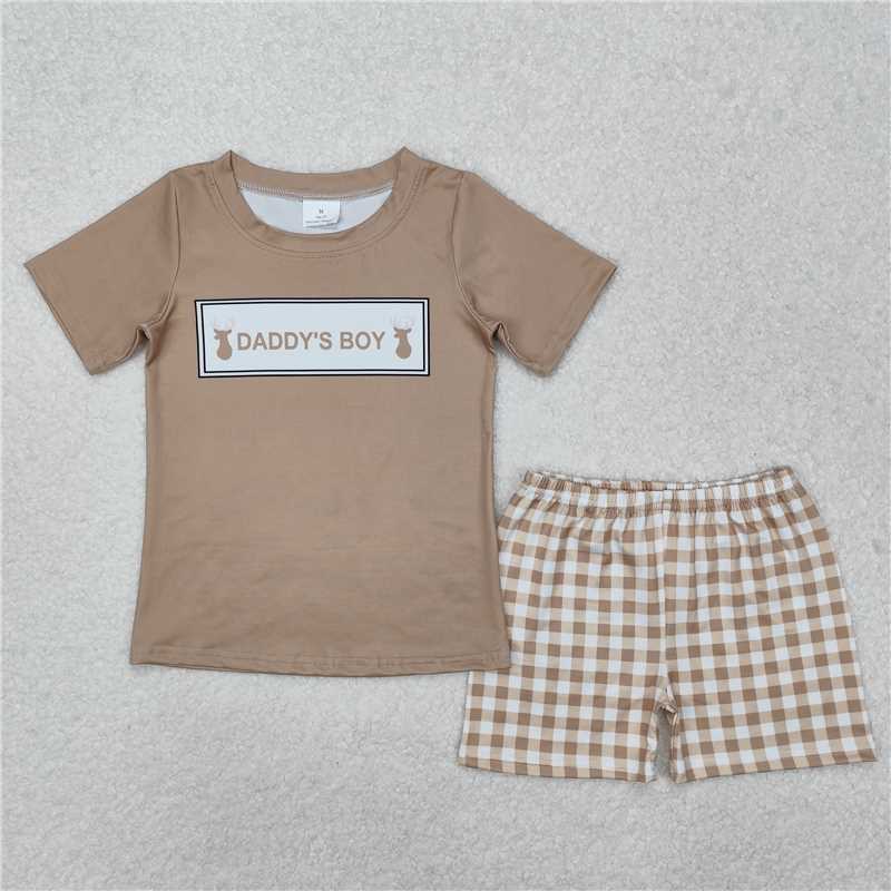 12.30 RTS NO MOQ （In stock）Matching BSSO1130 Baby Boys Daddy's Boy Deers Top Checkered Shorts Clothes Sets
