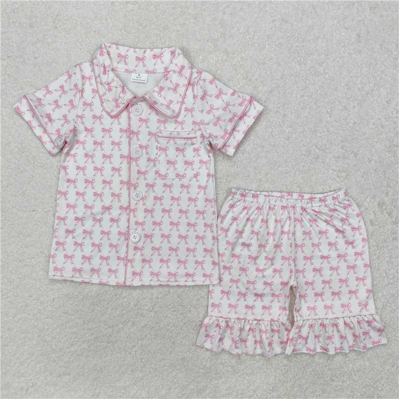 Girls Pink Bow Button down Top Ruffle Shorts Pajamas Set Cute Sleepwear for Little Girls