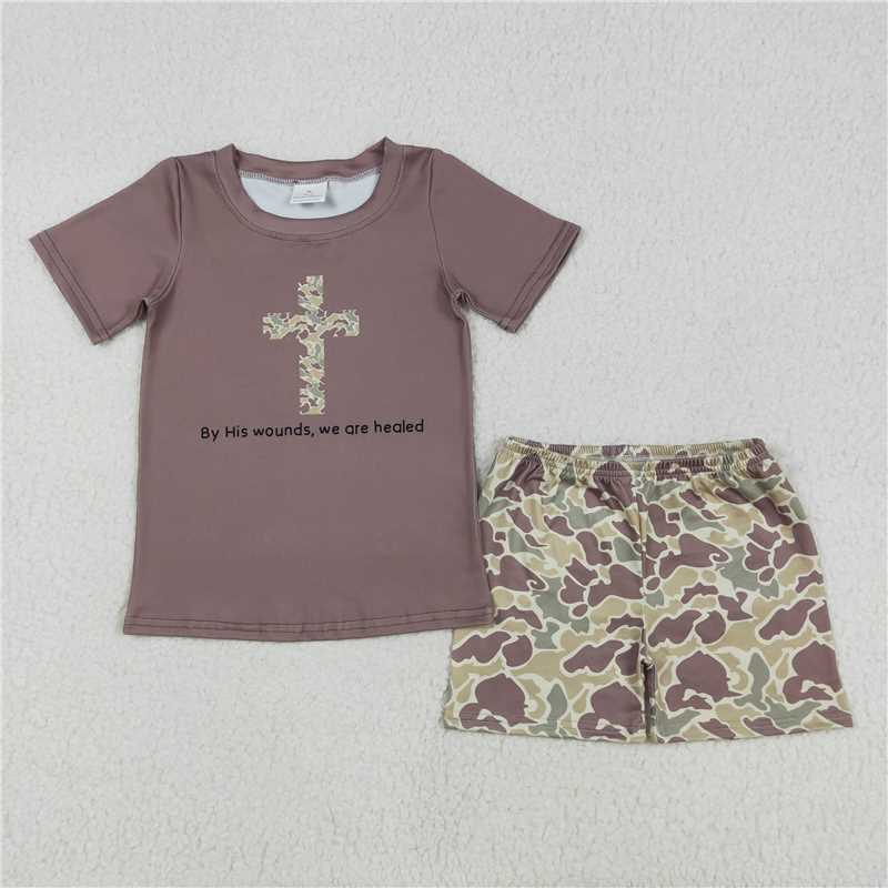 12.26 RTS NO MOQ （In stock）Matching BSSO1134 Baby Boys Brown Easter Cross Shirt Camo Shorts Clothes Sets