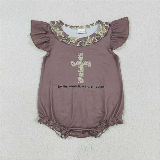 12.26 RTS NO MOQ （In stock）Matching SR2310 Baby Infant Girls Easter Camo Cross Flutter Sleeve Rompers