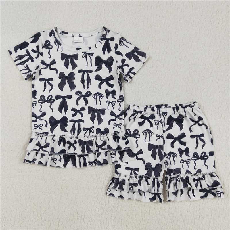10.29 RTS NO MOQ （In stock） Matching GSSO1852 Baby Girls Black Bows Shirts Ruffle Shorts Clothes Sets