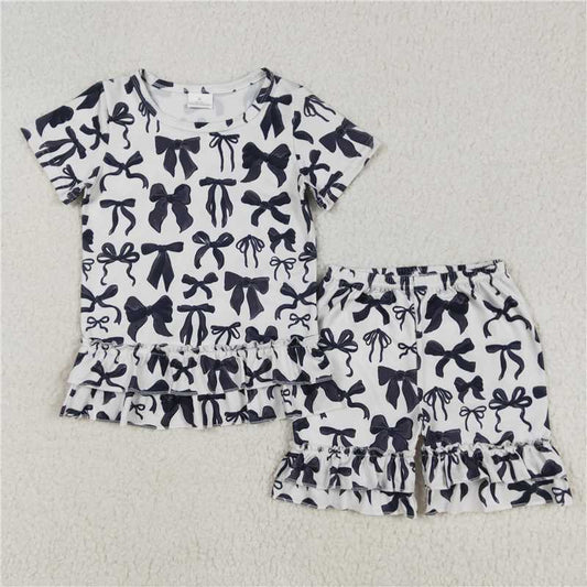 10.29 RTS NO MOQ （In stock） Matching GSSO1852 Baby Girls Black Bows Shirts Ruffle Shorts Clothes Sets
