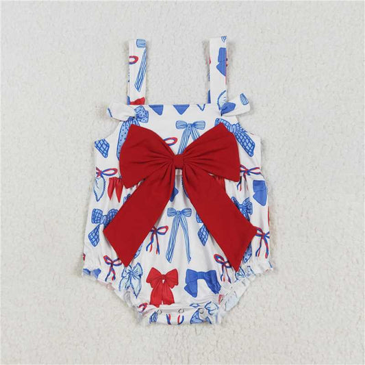 USA Warehouse (IN STOCK) SR2606 Straps red blue bow baby girls 4th of july romper