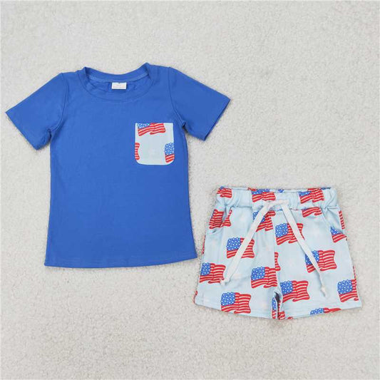 1.7 RTS NO MOQ （In stock）BSSO1258 4th of July Baby Boys 4th of July Flags Pocket Shirts Shorts Clothes Sets