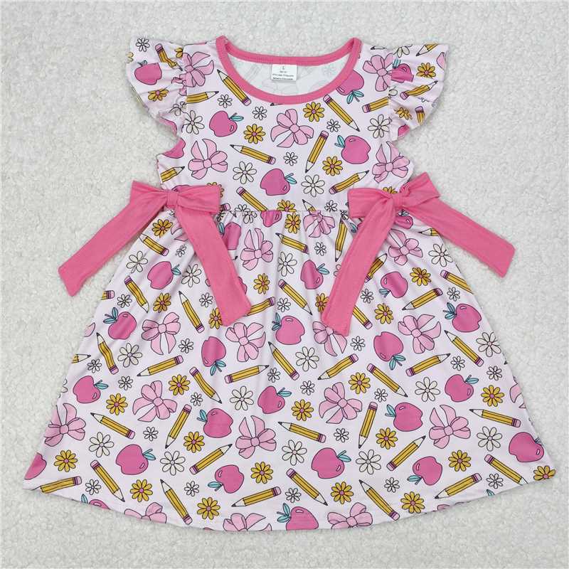 12.27 RTS NO MOQ （In stock）GSD1846 Baby Girls Back To School Apples Bows Knee Length Dresses