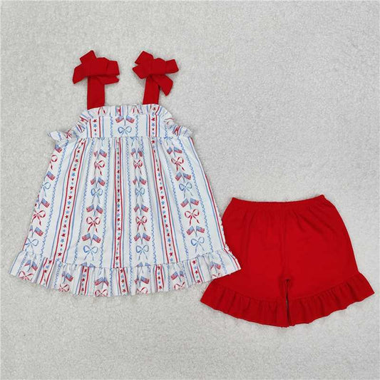 1.6 RTS NO MOQ （In stock）GSSO1786 4th of July Baby Girls 4th Of July Flag Bow Tunic Ruffle Shorts Clothes Sets