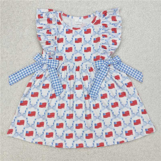 1.5 RTS NO MOQ （In stock）GSD1641 4th of July Baby Girls Blue Bows Flag Knee Length Dresses