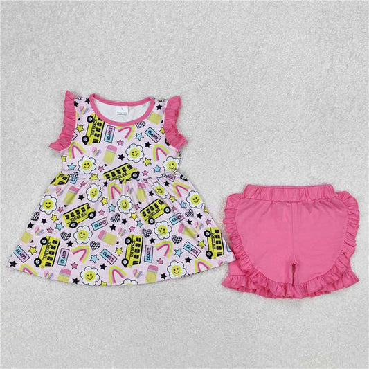 12.29 RTS NO MOQ （In stock）GSSO1912 Baby Girls Bus Back To School Tunic Ruffle Shorts Clothes Sets