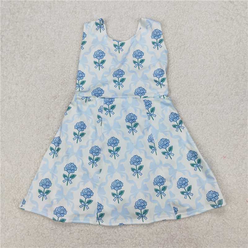 11.26 RTS NO MOQ （In stock）Matching GSD1944 Baby Girls Blue Flowers Bows Tennise Active Wear Athletic Dresses