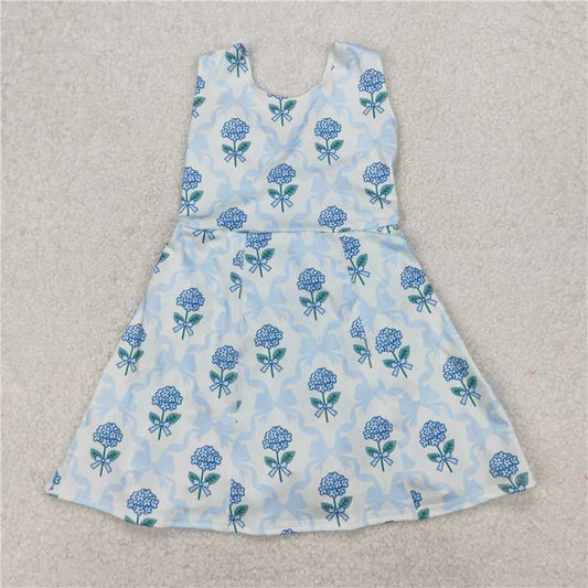 11.26 RTS NO MOQ （In stock）Matching GSD1944 Baby Girls Blue Flowers Bows Tennise Active Wear Athletic Dresses