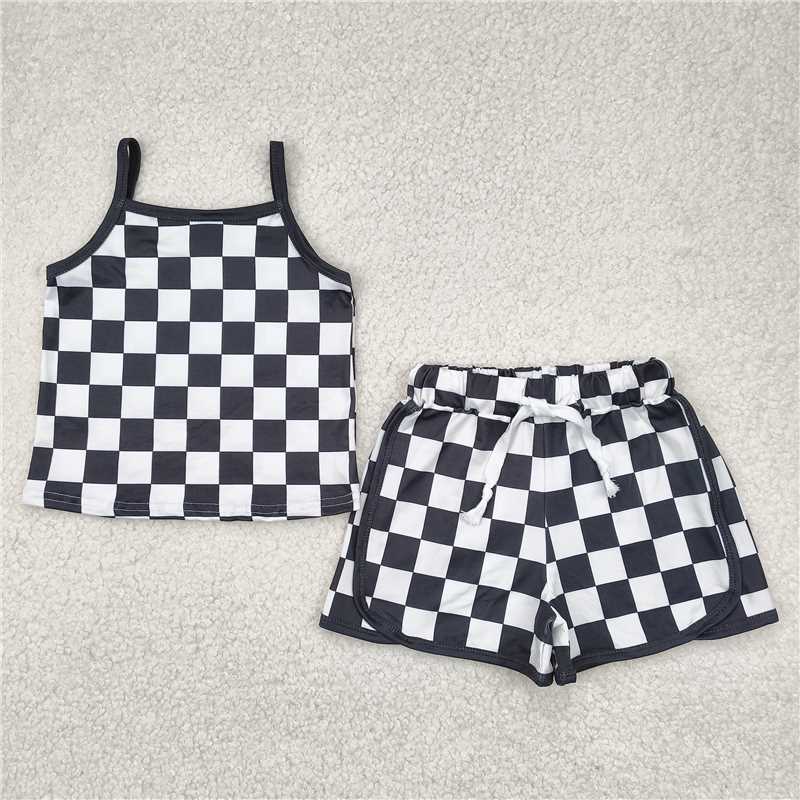 12.15 RTS NO MOQ （In stock）Matching GSSO2334 Baby Girls Black Strap Plaid Top Short Sports Sets