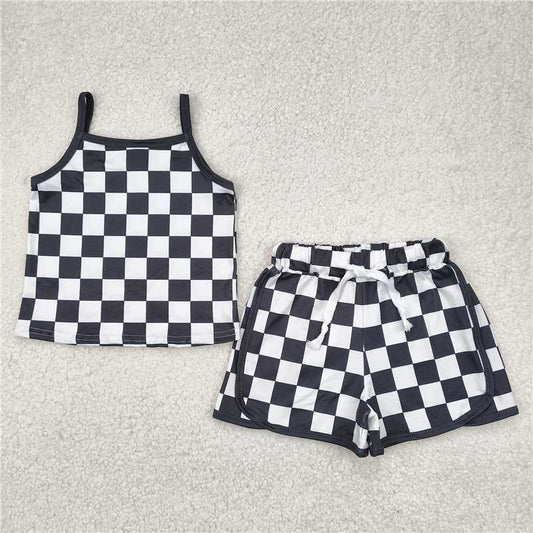 12.15 RTS NO MOQ （In stock）Matching GSSO2334 Baby Girls Black Strap Plaid Top Short Sports Sets